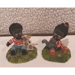 African American Resin Figurines - Girl and Boy - with Their Pets 2.5X 2.5X2 in.